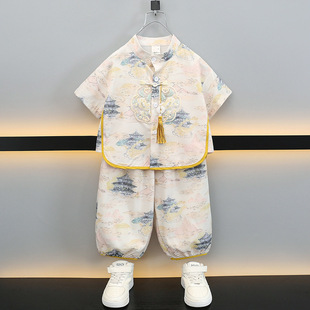 Boys Summer Han Dynasty Suit 2025 New Kidsren's Chinese Style Tang Suit Little Boy Short-Sleeved Shirt Two-Piece Trendy Set