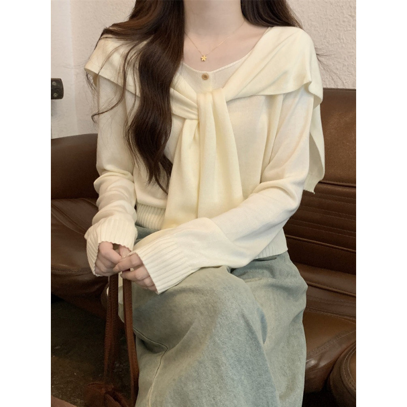 Korean-Style Knitted Sweater Tops for Women, Long-Sleeved, 2024 Autumn and Winter, Short Shawl Cardigan, Two-Piece, Waffle Pattern, Simple and Versatile