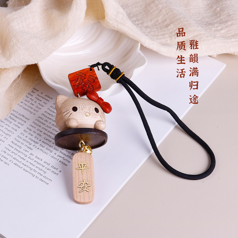 Solid Wood Carving Kt Cat Bag Pendant, Cute Cartoon Ornament, Safe Journey Car Hanging Decoration, Dragon Boat Festival Pendant