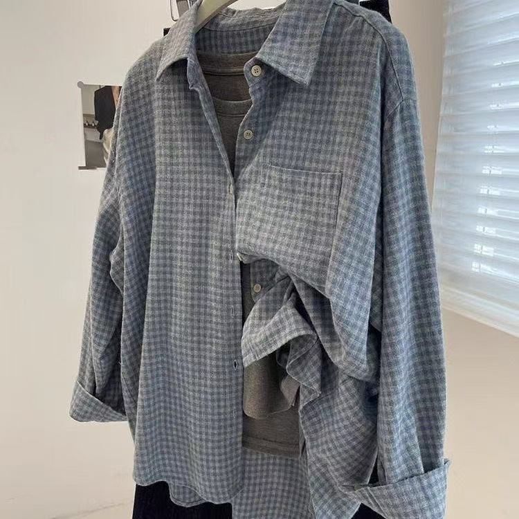 Vintage Blue Plaid Sanding Shirt Women's Spring and Autumn Lazy Style Cotton Long Sleeve Shirt Design Sense Coat Top Vintage Blue Plaid Sanding Shirt Women's Spring and Autumn Lazy Style Cotton Long Sleeve Shirt Design Sense Coat Top