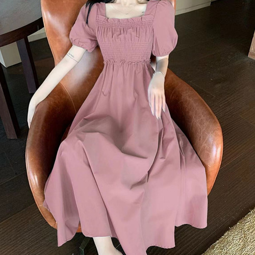 Ins Gentle Clavicle Bubble Stitch Dress Women Summer French Style Medium Long Waist-Tightening Elegant Slimming Dress Women