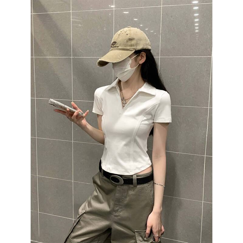 Petite Regular Shoulder Polo Collar Fishbone Design Short Sleeve Women's Summer Slim Fit Base Short Top Korean Style T-Shirt