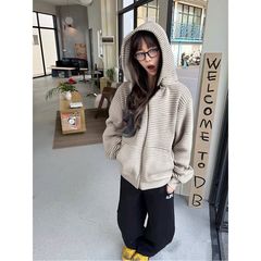 HandSeven爆款国潮男女同款美式条纹连帽宽松拉链百搭上衣外套