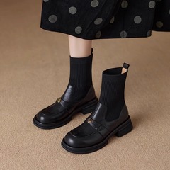 英伦风瘦瘦靴女2025秋冬季新款针织弹力袜靴平底短靴学院风乐福鞋
