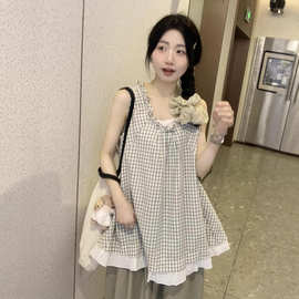 可爱甜美格子上衣女夏文艺森系田园风小个子2025新款无袖背心衬衫