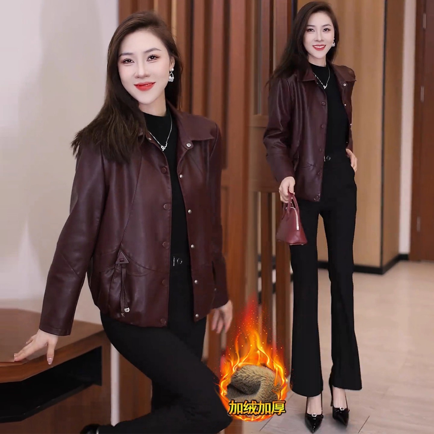 Fashionable Leather Jacket for Women 2025 Autumn and Winter Fleece-Lined Stylish Slim Casual Versatile Leather Jacket Top Plus Size