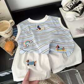 男童夏季套装儿童韩版休闲百搭宽松卡通条纹背心两件套婴幼童衣服