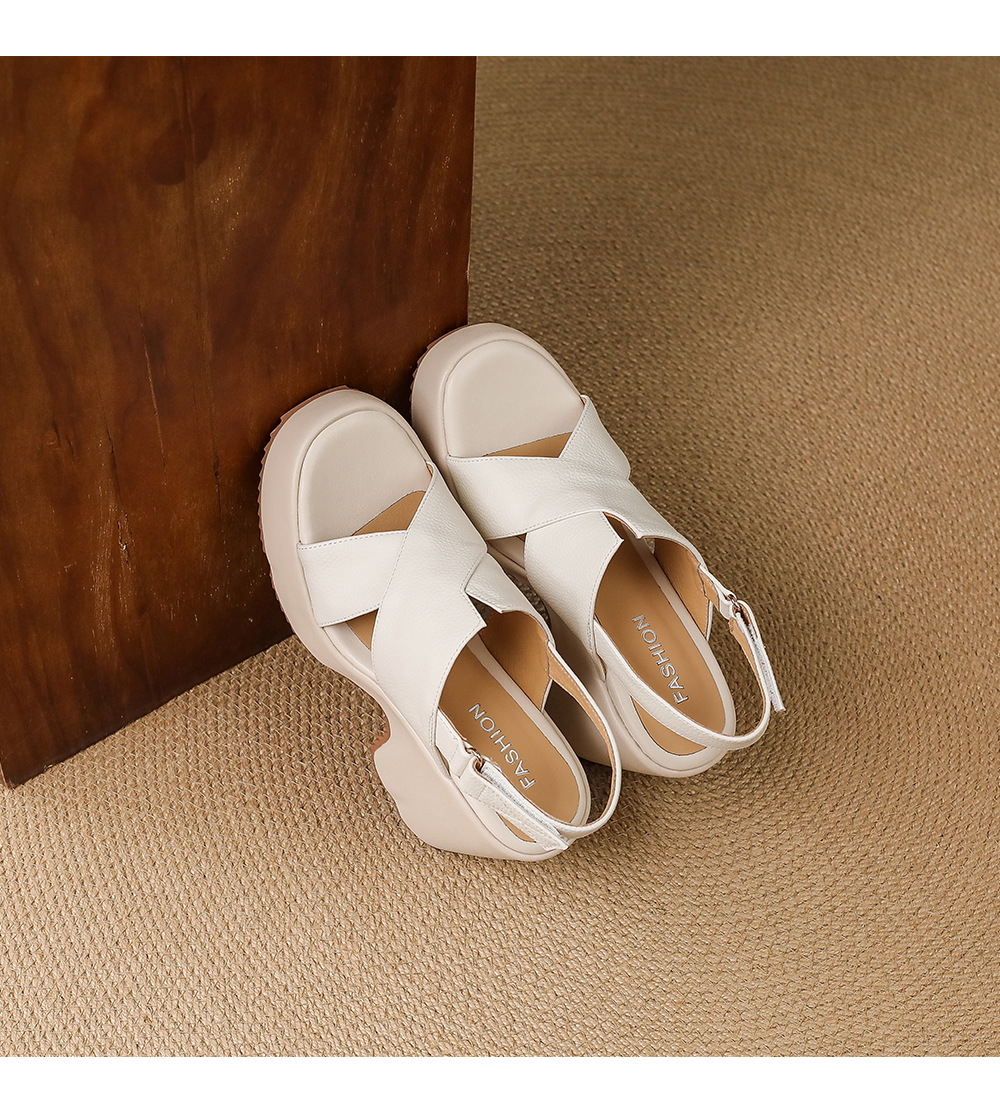 Sandal cao gót nữ hở mũi đế xuồng 10 cm da thật phong cách La Mã — màu trắng ngà, màu mơ chi tiết 15