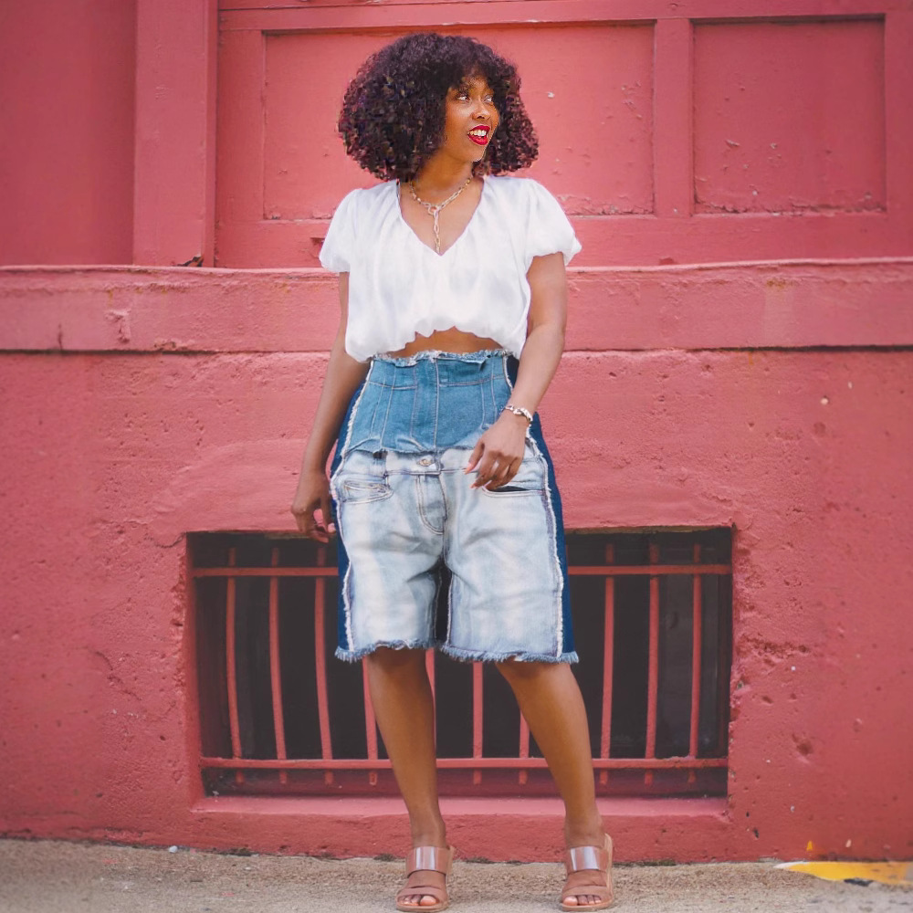 Women's High Waist Distressed Denim Shorts - Patchwork Design Casual Summer Bermuda Jeans (Blue, S-2XL)_mkmklike.com