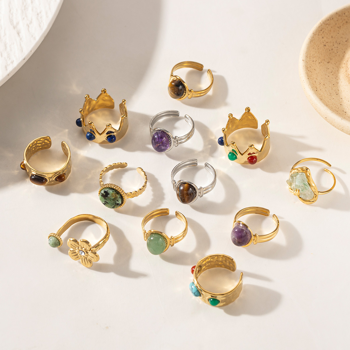 Anillo de acero inoxidable europeo y americano de Tena, lujo ligero, sentido de alta calidad, piedra natural con incrustaciones de anillo de acero de titanio, joyería de nicho femenina
