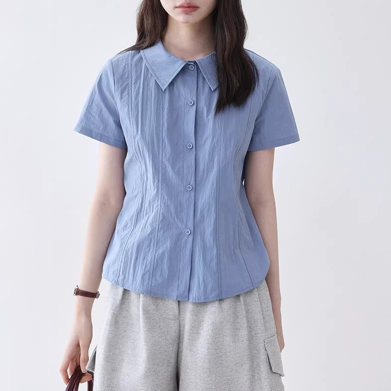 "Mustard" Blue Polo Collar Waist-Cinching Slimming Shirt for Women, New Summer Style, Versatile Short-Sleeve Top, Korean Style "Mustard" Blue Polo Collar Waist-Cinching Slimming Shirt for Women, New Summer Style, Versatile Short-Sleeve Top, Korean Style