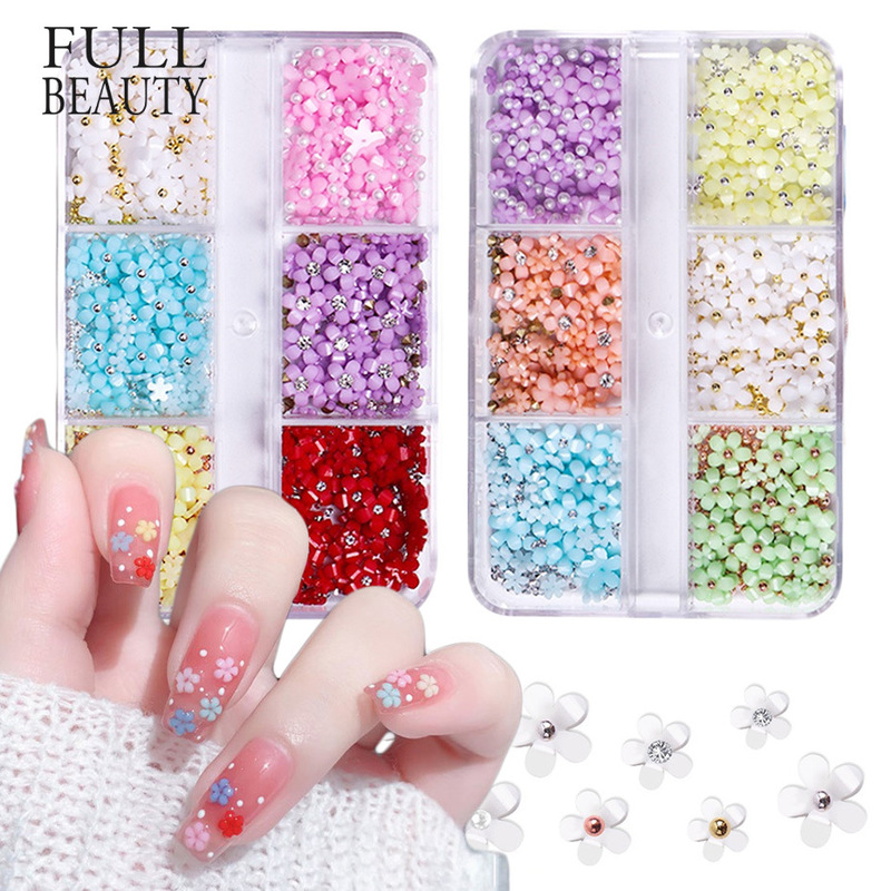 Cross-border Hot Nail Art Jewelry 6 Boxed Five-petal Flower Steel Ball Accessories Resin Macaron Nail Art