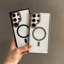 环甲撞色镜框适用三星S25Ultra手机壳亚克力透明磁吸S24+防摔硬套