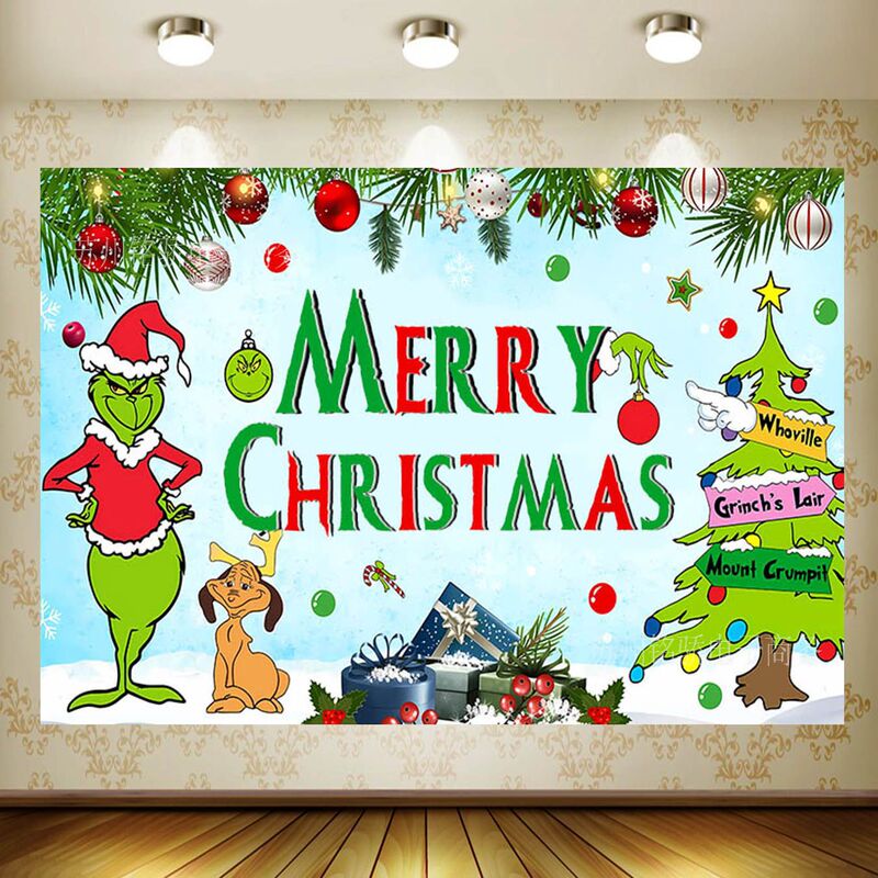Amazon Christmas Grinch Theme Birthday Background Cloth Cross-border Christmas Party Photo Banner Hanging Cloth Exclusive