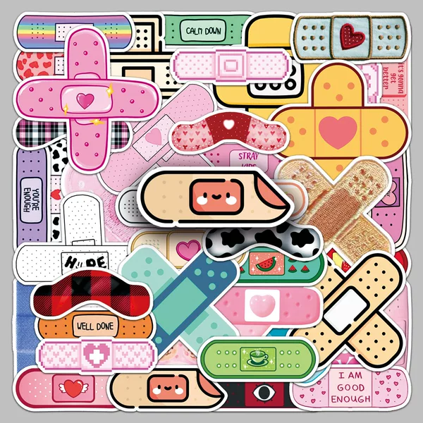 50 Pieces of Band-Aid Stickers Dopamine Cartoon Cute Girl Heart Graffiti Notebook Mobile Phone Refrigerator Sticker Decoration