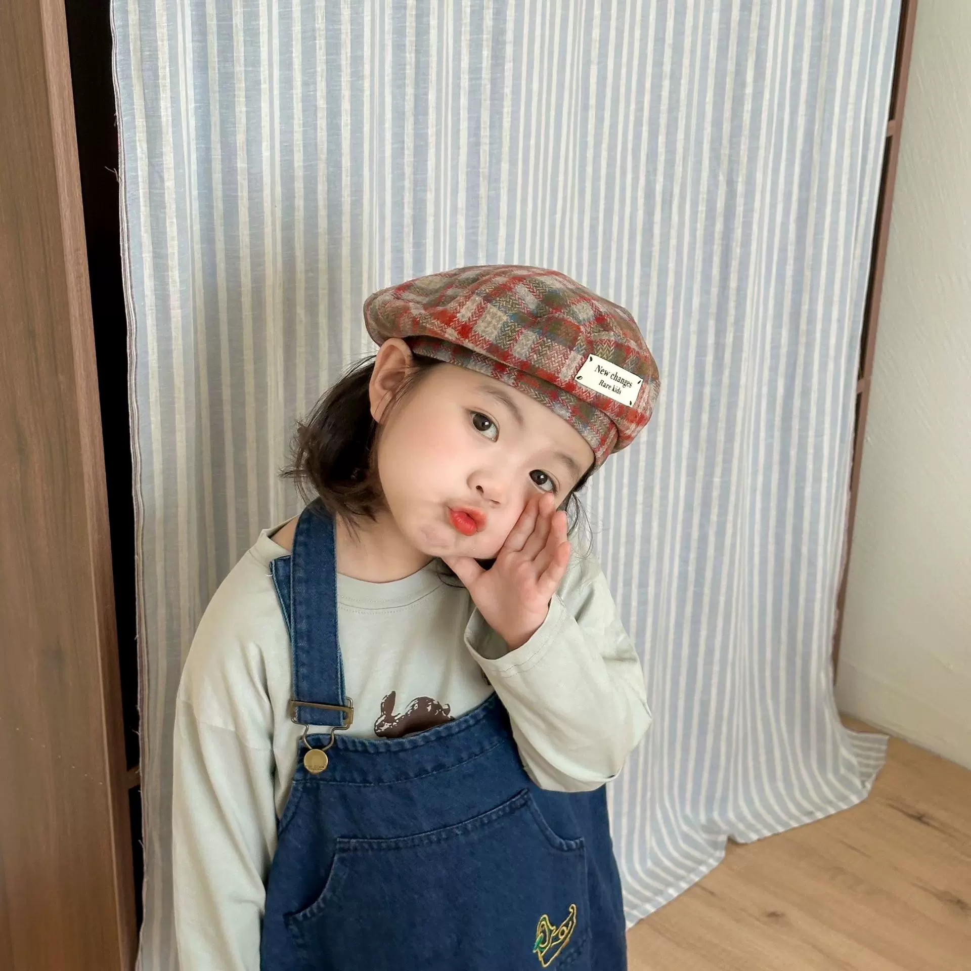 儿童贝雷帽秋冬女童2024新款毛呢格子复古百搭宝宝八角帽画家帽子