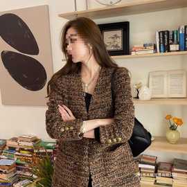 欧洲站粗花呢金线编织呢小香风外套女秋冬新品中长领西装毛呢大衣