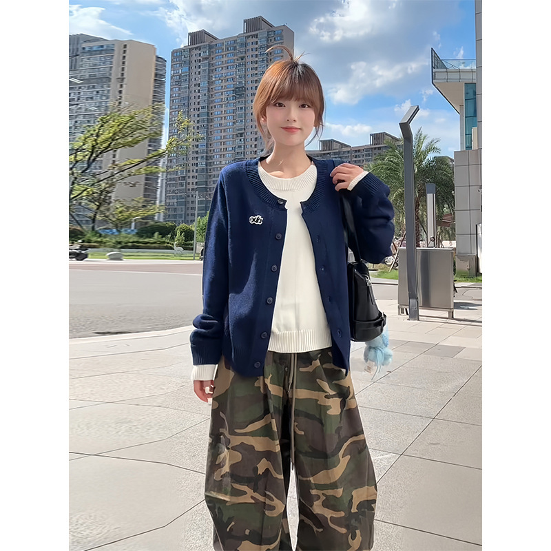 韩系撞色拼接假两件针织开衫女早秋宽松休闲百搭短款长袖毛衣外套|undefined