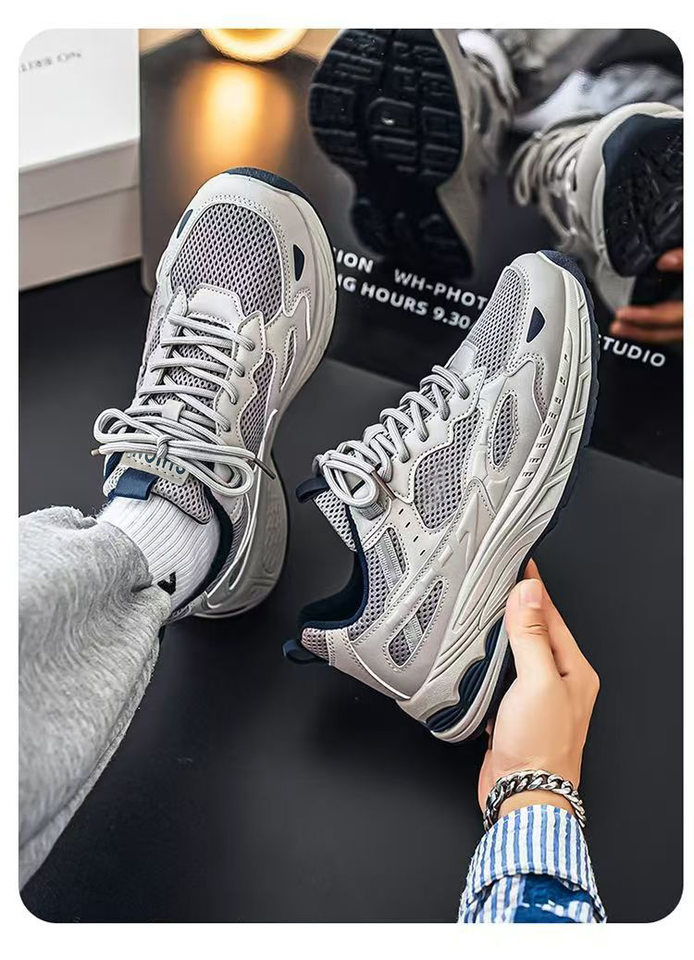 Giày thể thao nam sneaker thân lưới thoáng khí, đế cao su gót thấp, dây buộc, phong cách casual — F901 màu đen, F901 xám nhạt, F901 xám đậm chi tiết 9