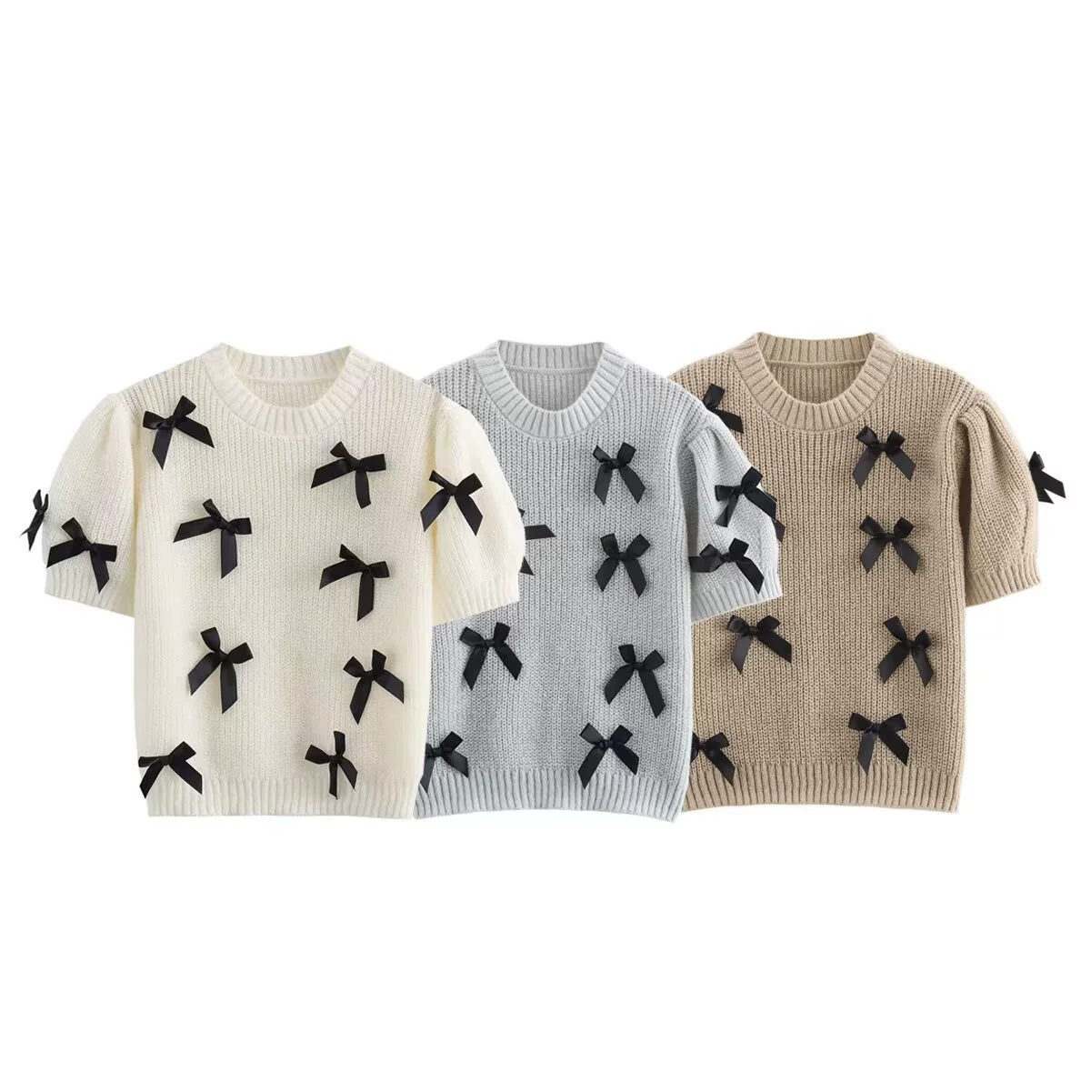 Трансграничная европейская и американская женская одежда AliExpress INS взрывной белый свитер с бантом и короткими рукавами