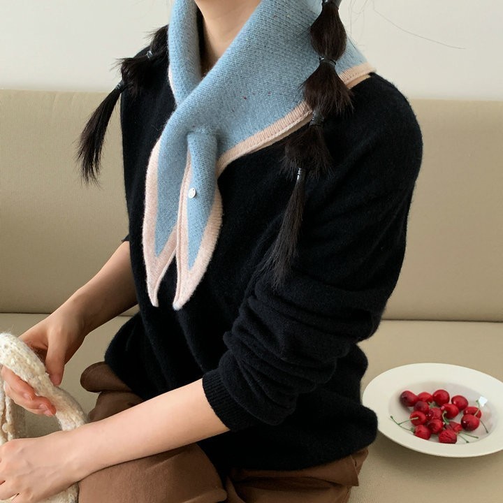 韩版新款边框拼色全羊毛针织三角巾女冬季交叉围脖保暖围巾披肩|undefined