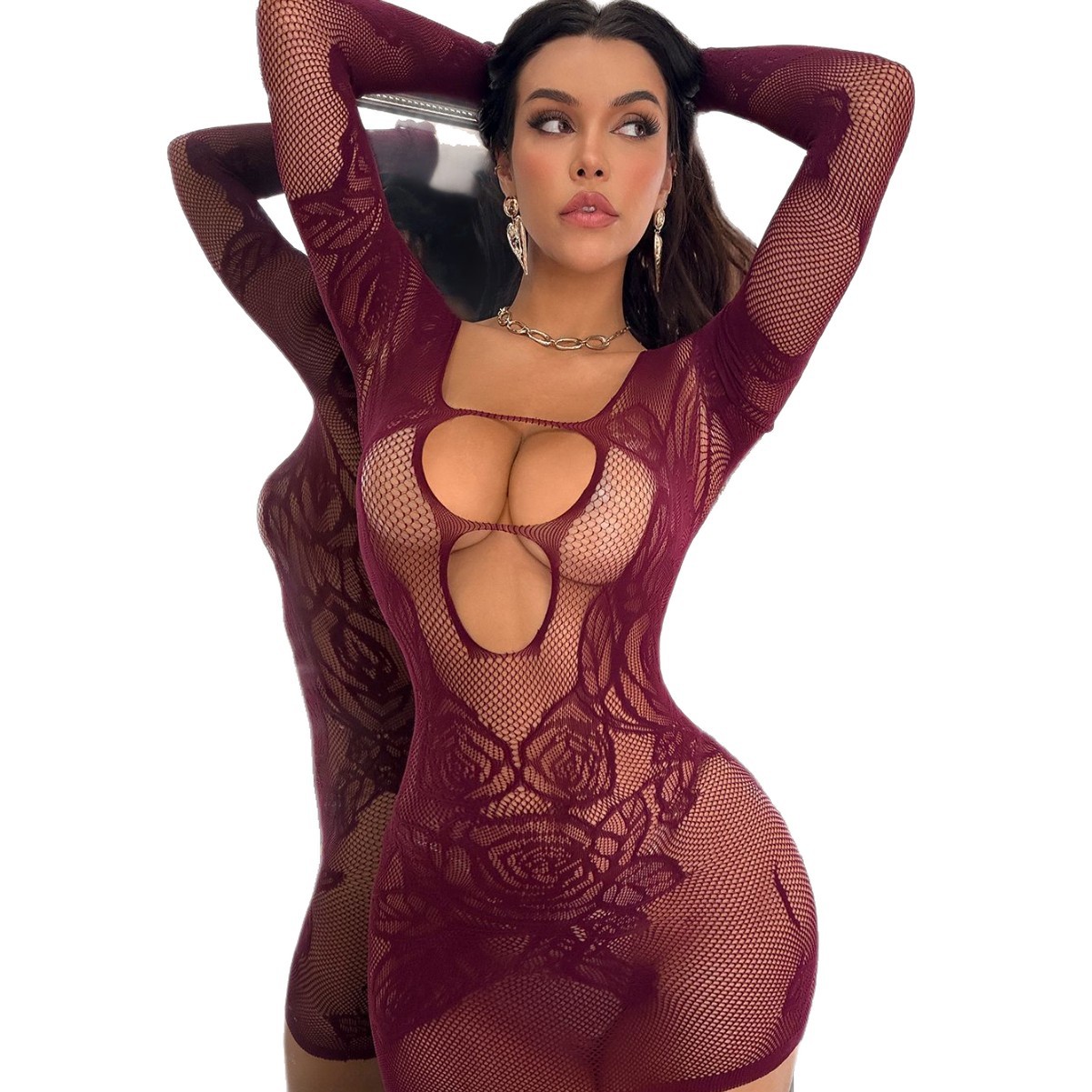 Yue mariposa transfronteriza europea y americana sexy coqueteo sexy amor rosa camiseta de manga larga hueco YD251103