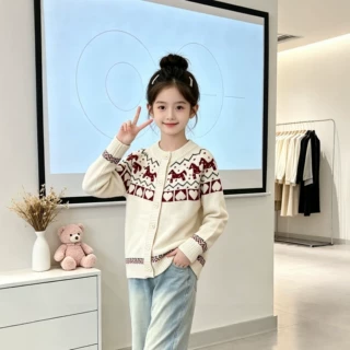 女童提花开衫毛衣2026春秋冬新款儿童卡通针织外套洋气学院风上衣