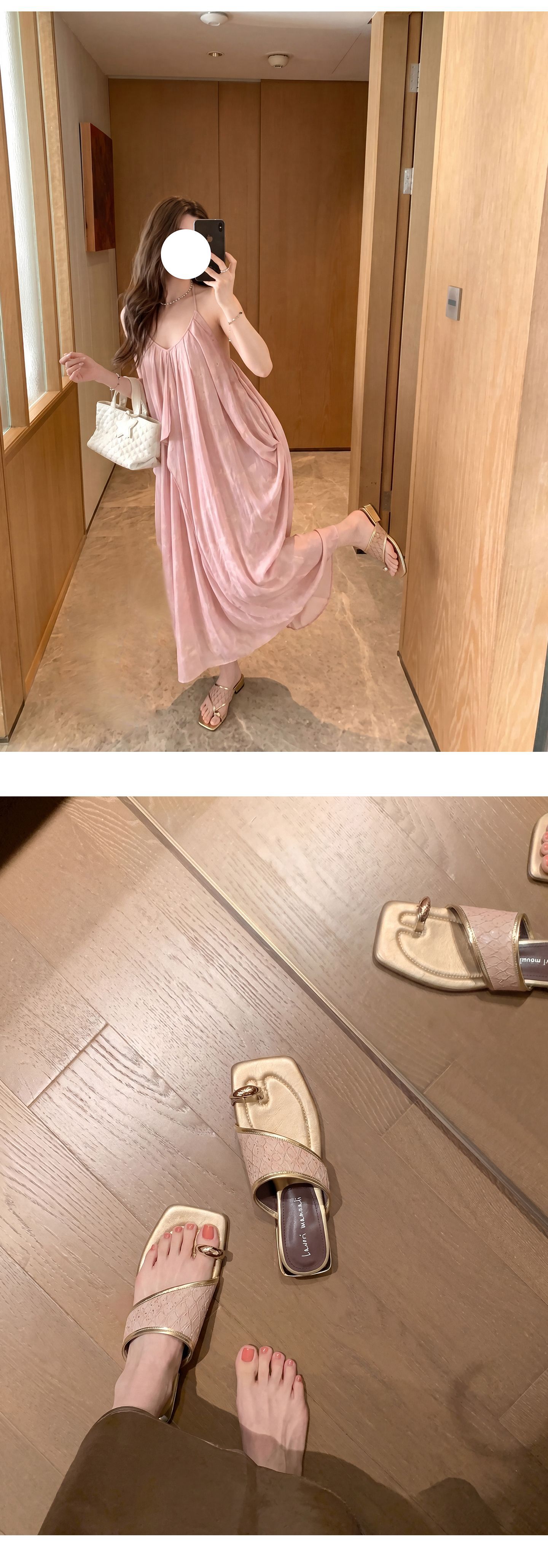 Dép sandal xỏ ngón nữ đế bệt phong cách Pháp mũi vuông, chất liệu giả da cá sấu, quai đan dệt — màu thiên thanh, màu hồng, màu trắng ngà chi tiết 13
