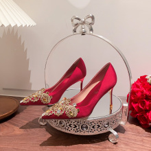法式红色水钻高跟鞋婚鞋女秀禾主婚纱鞋两穿2023年新款新娘鞋单鞋