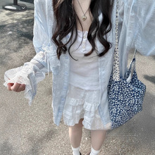 韩系设计感蕾丝拼接衬衫外套女夏季薄款宽松休闲防晒衬衣外搭上衣