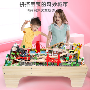 New 100-Piece Elevated Bridge Track City Traffic Electric Train Locomotive Educational Creative Lift Wooden Toy