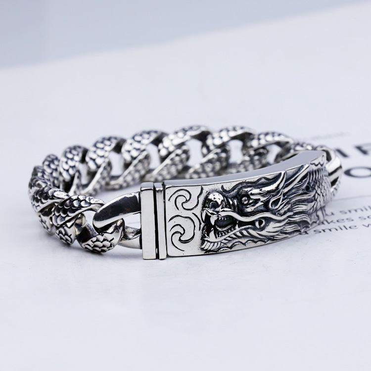 Xiangxu S925 Sterling Silver Men's Bracelet Couple Traditional Dragon Pattern Bolt Bracelet Men's Thai Silver Retro Popular Live Broadcast