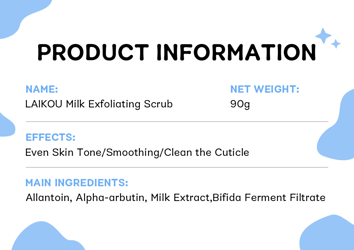 Manufacturer's in-stock cross-border LAIKOU milk Scrub 90g brightening skin tone, hydrating and moisturizing Application Scenario
