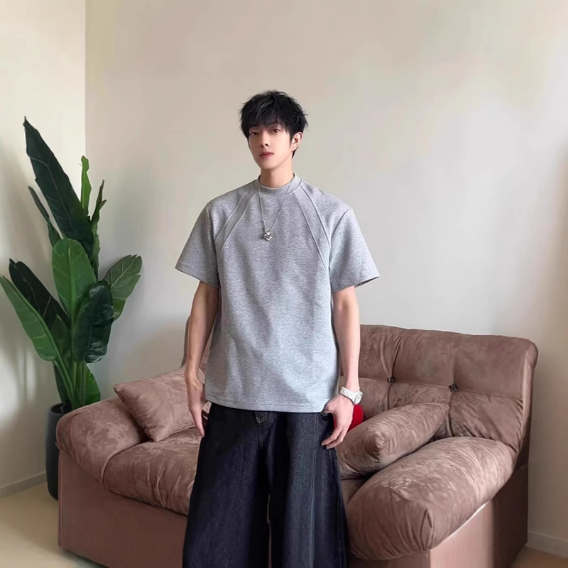 American Style 280g Space Cotton Air Layer Right Shoulder Short-Sleeved Men's Summer Boxy Version Anti-Wrinkle Stiff T-Shirt Half-Sleeved