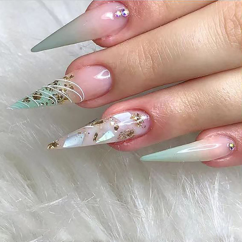 Long pointed nail gradient glitter diamond-embedded wear nail slimming white ins style European and American nail patch finished nail
