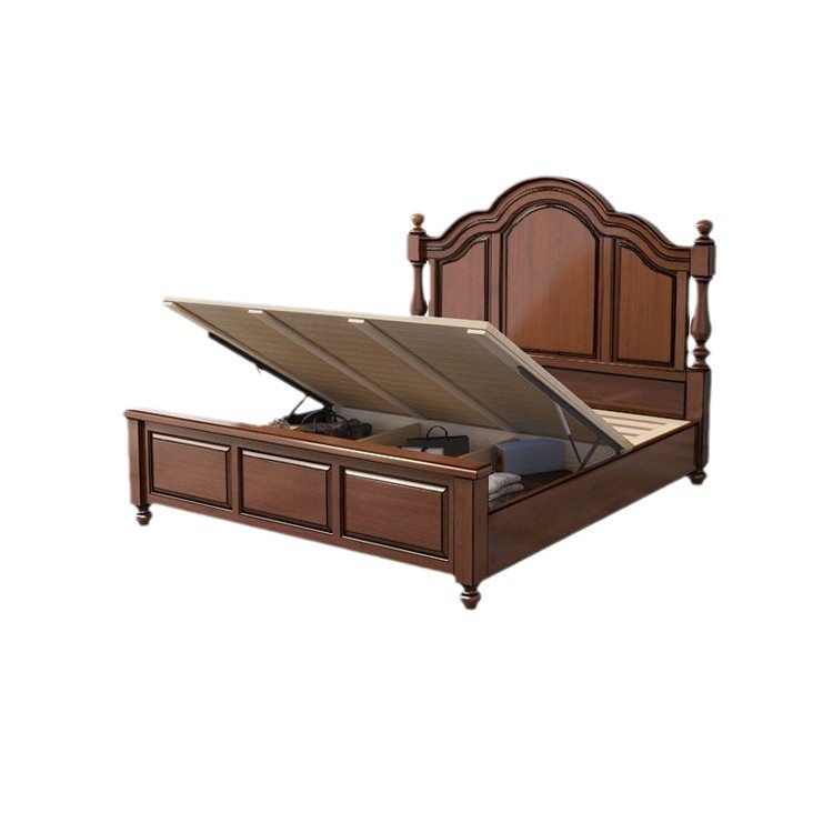 Cama europea de madera troncal dormitorio cama de madera maciza estilo americano campesino toda la madera maciza caja alta cama doble de 1,5 metros cama matrimonial
