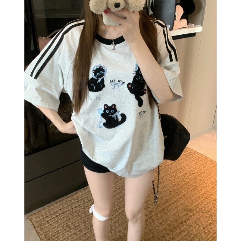 Fashion Kitten Embroidered Short-Sleeved T-Shirt for Women 2025 New Summer Versatile Casual Loose Lazy Style Pure Cotton Top Fashion Kitten Embroidered Short-Sleeved T-Shirt for Women 2025 New Summer Versatile Casual Loose Lazy Style Pure Cotton Top