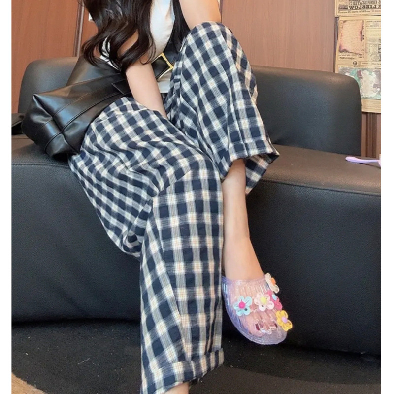 Summer New Women's Cotton Soft Plaid Casual Pants Versatile Loose Wide-Leg Pants High-Waisted Elastic Thin Curved Pants