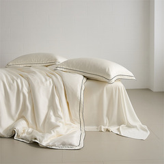 簡約純色滾條全棉100支貢緞長絨棉四件套輕奢撞色寬邊被套床笠款