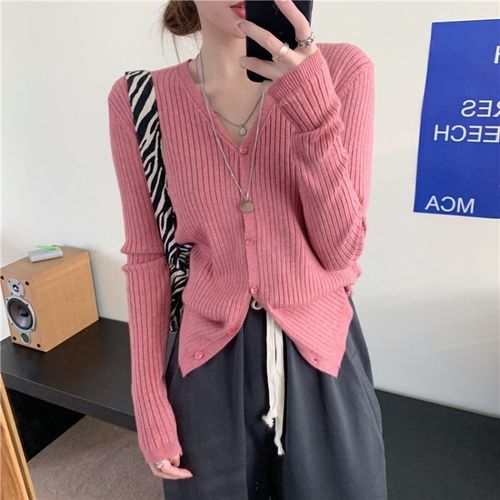 Women's V-neck Knit Cardigan Jacket, Autumn Korean Style, Slim Fit, Stylish, Discreet, Versatile, Student Design, Unconventional Top