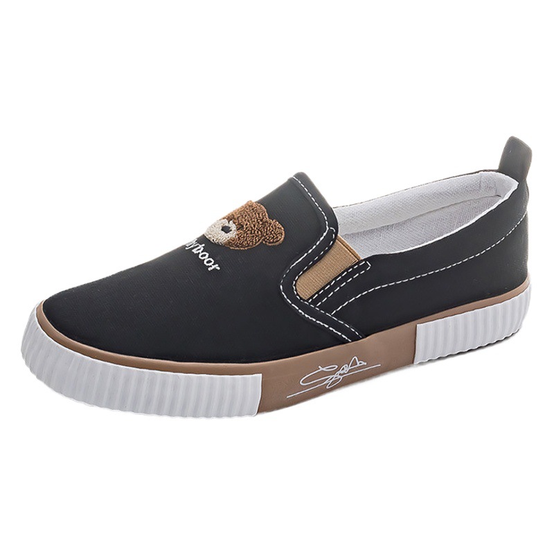 Práctica de trabajo de la parte baja de la banda elástica slip-on zapatos de mujer todos los partidos transpirable slip-on oso negro zapatos de lona