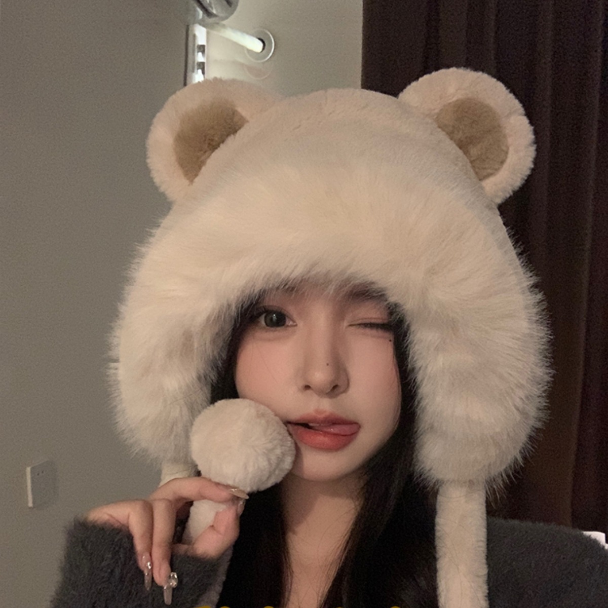 2025 nuevo sombrero coreano de otoño y invierno para mujeres caliente sombrero frío de punto multifuncional grueso orejas de oso lana sombrero Thunderfeng