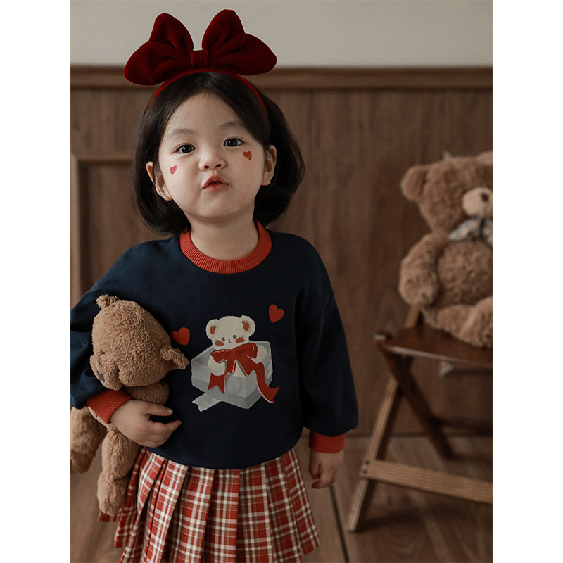 Qiu Duomeng Girls' Cartoon Little Bear Sweater Checkered Set 2024 New Spring and Autumn Children's Top Half Skirt_voghion.com