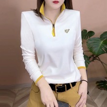 春季新款时尚打底衫女士气质百搭立领拼色刺绣洋气减龄女士上衣