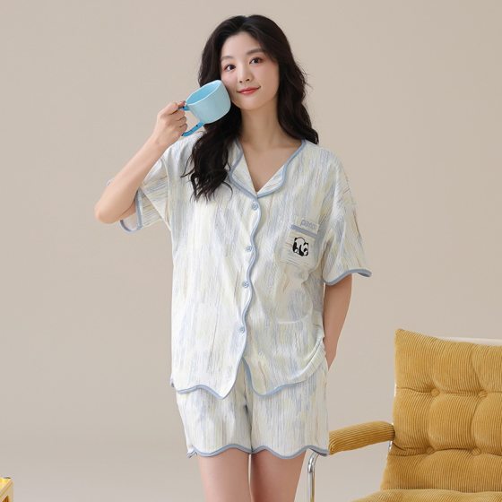 Summer Ice Silk Thin Short-sleeved Pajamas Women's Summer Cute Shorts suit Cardigan with Chest Pad Printed Home Clothes