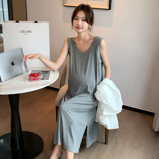 Summer new pregnant women's dress Korean-style casual stretch slim-fit round neck vest dress mid-length fashionable mom knitted sleeveless dress