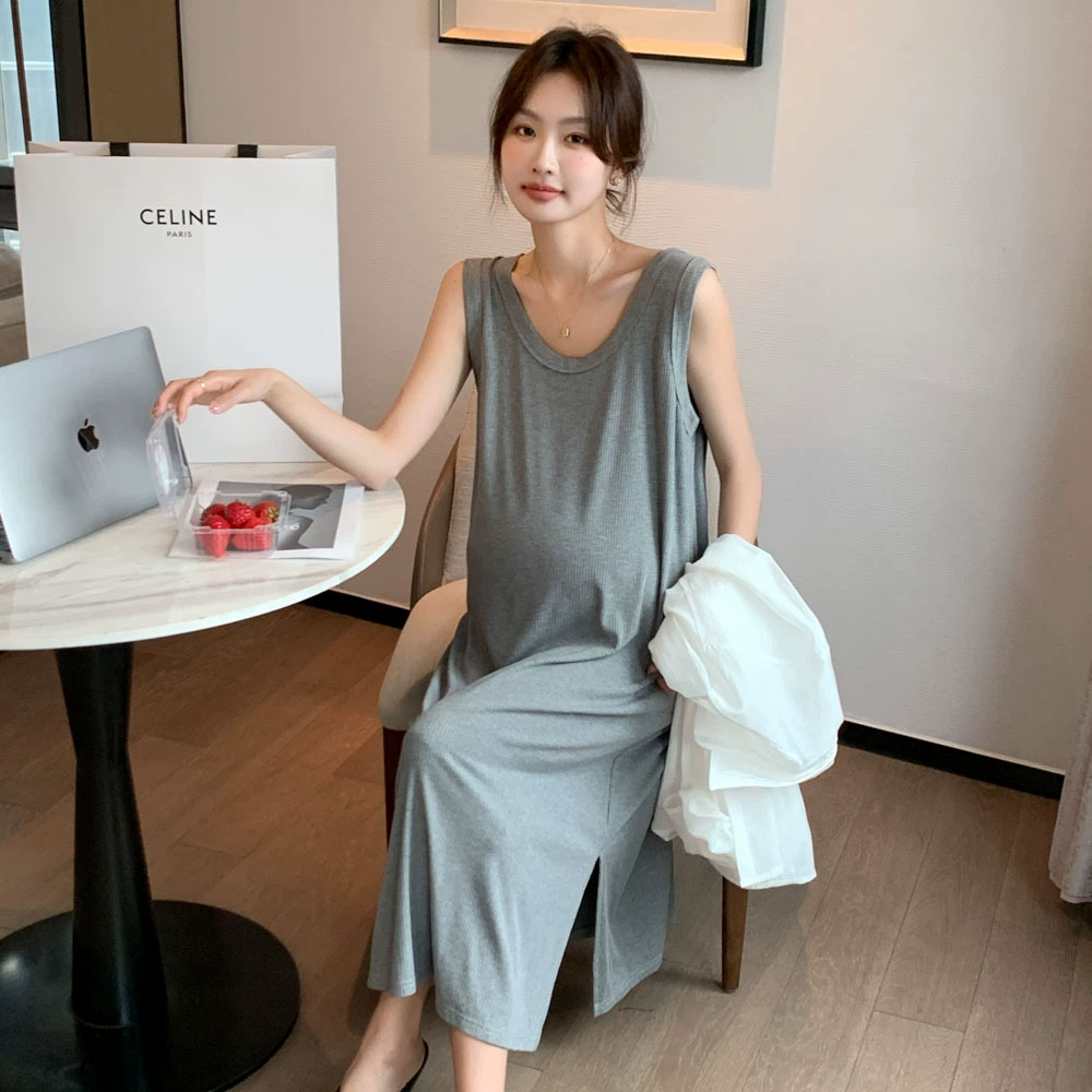 Новое летнее платье для беременных, повседневное эластичное облегающее платье в Корейском стиле с круглым вырезом, модное трикотажное платье без рукавов для мам средней длины