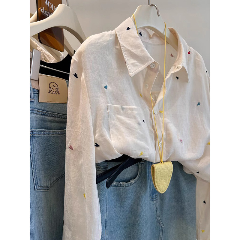 Unique Design Thin Ramie Heart Embroidery Shirt for Women, Summer Chic New Cotton Linen Sun Protection Blouse