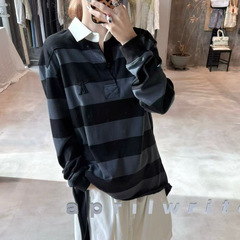OPEN YY设计师品牌25秋冬款polo领撞色条纹设计感系带长袖休闲T恤