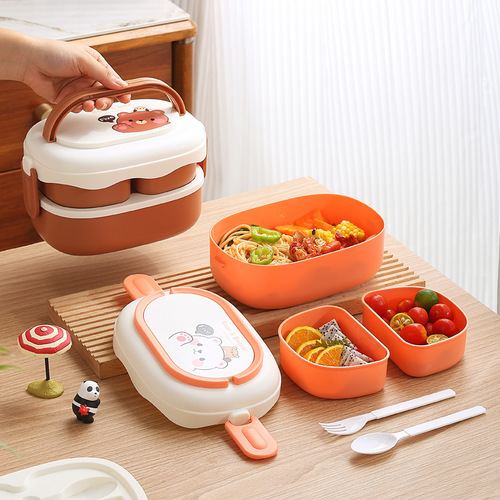 ins Internet celebrity bear double-layer plastic lunch box large capacity student portable lunch box microwave oven adult lunch box